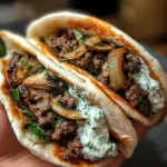 Cheesy Beef and Mushroom Pita Pockets with Tzatziki Sauce