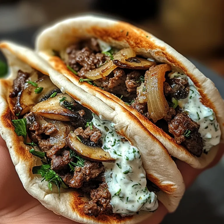 Cheesy Beef and Mushroom Pita Pockets with Tzatziki Sauce