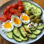 Avocado & Soft-Boiled Egg Breakfast Plate with Feta, Olives & Veggies