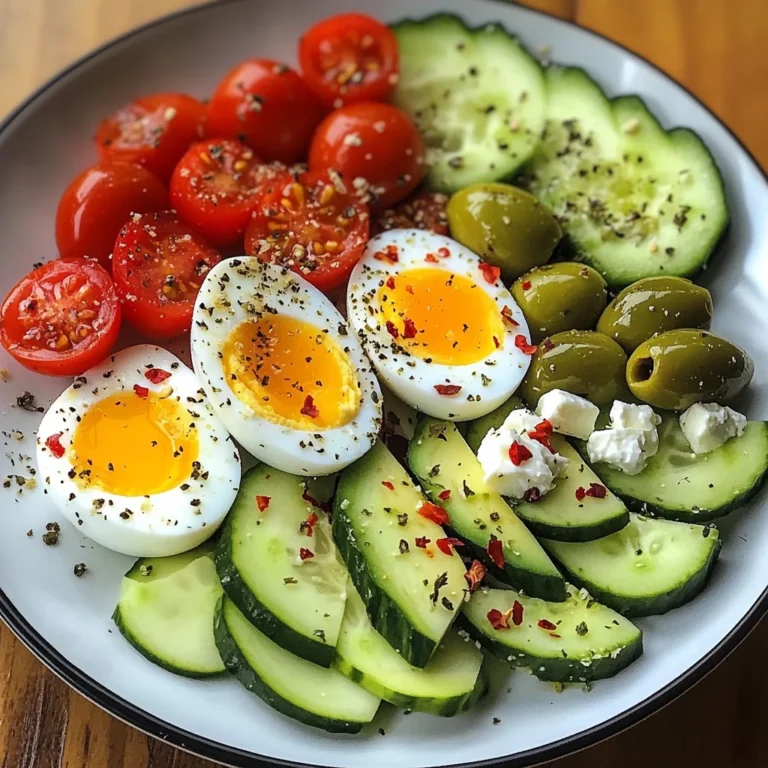Avocado & Soft-Boiled Egg Breakfast Plate with Feta, Olives & Veggies