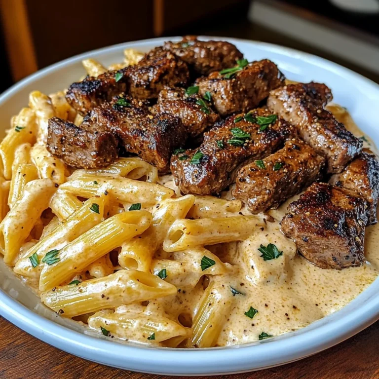 Cajun Steak Tips with Penne in Creamy Parmesan Cheese Sauce