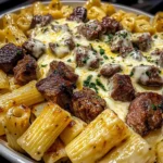 Cheesy Beef Rigatoni in Garlic Cream Sauce