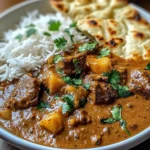 Coconut Beef Curry with Fragrant Basmati Rice and Naan
