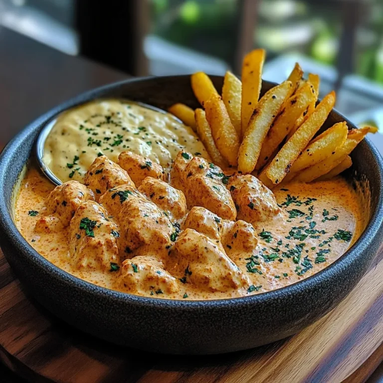 Creamy Butter Chicken with Garlic Drizzle, Golden Fries & Warm Naan