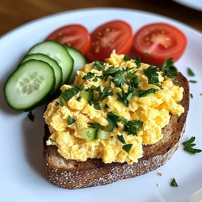 Creamy Scrambled Egg Toast with Fresh Cucumber & Tomato Slices