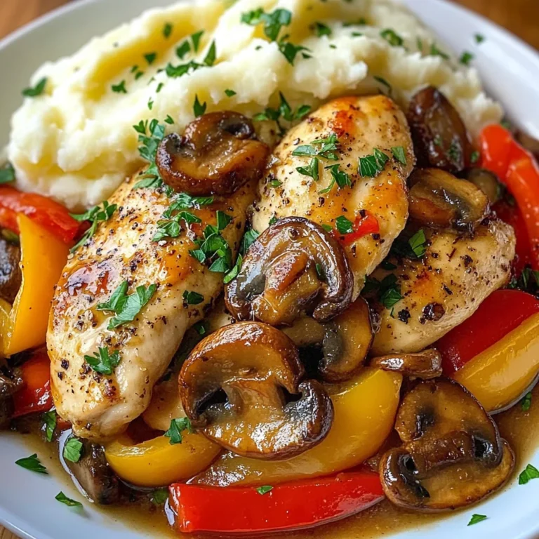 Garlic Butter Chicken with Mushrooms, Peppers & Mashed Potatoes