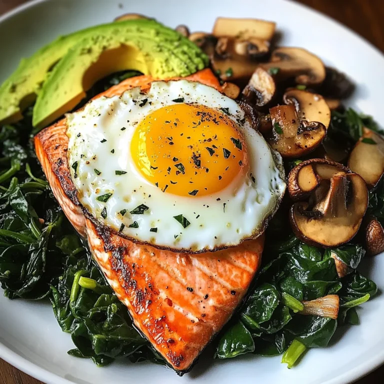 Pan-Seared Salmon with Sunny Egg, Sautéed Spinach, Mushrooms & Avocado
