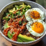 Spicy Avocado & Beef Protein Bowl with Fried Eggs