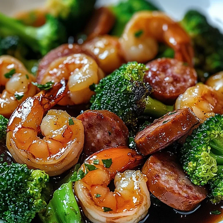 Honey garlic shrimps, sausage and broccoli